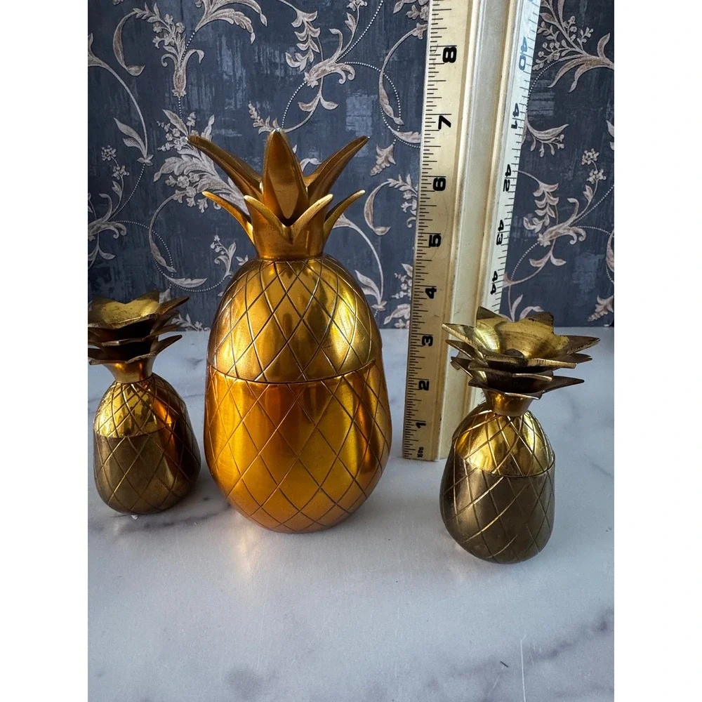 Vintage Brass Pineapple Set 3pc Hollywood Regency/Tiki Gold Barware Decor 7